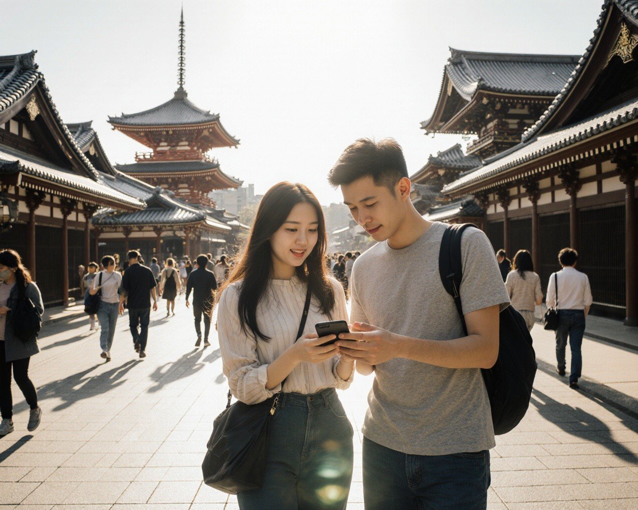 Couple exploring Asakusa near Senso-ji Temple using a smartphone for directions on a sunny day