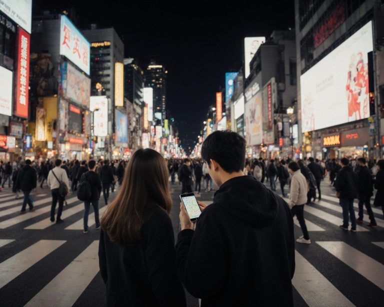 Tourist couple navigating with a phone at Shibuya Crossing Tokyo at night with neon lights and crowds