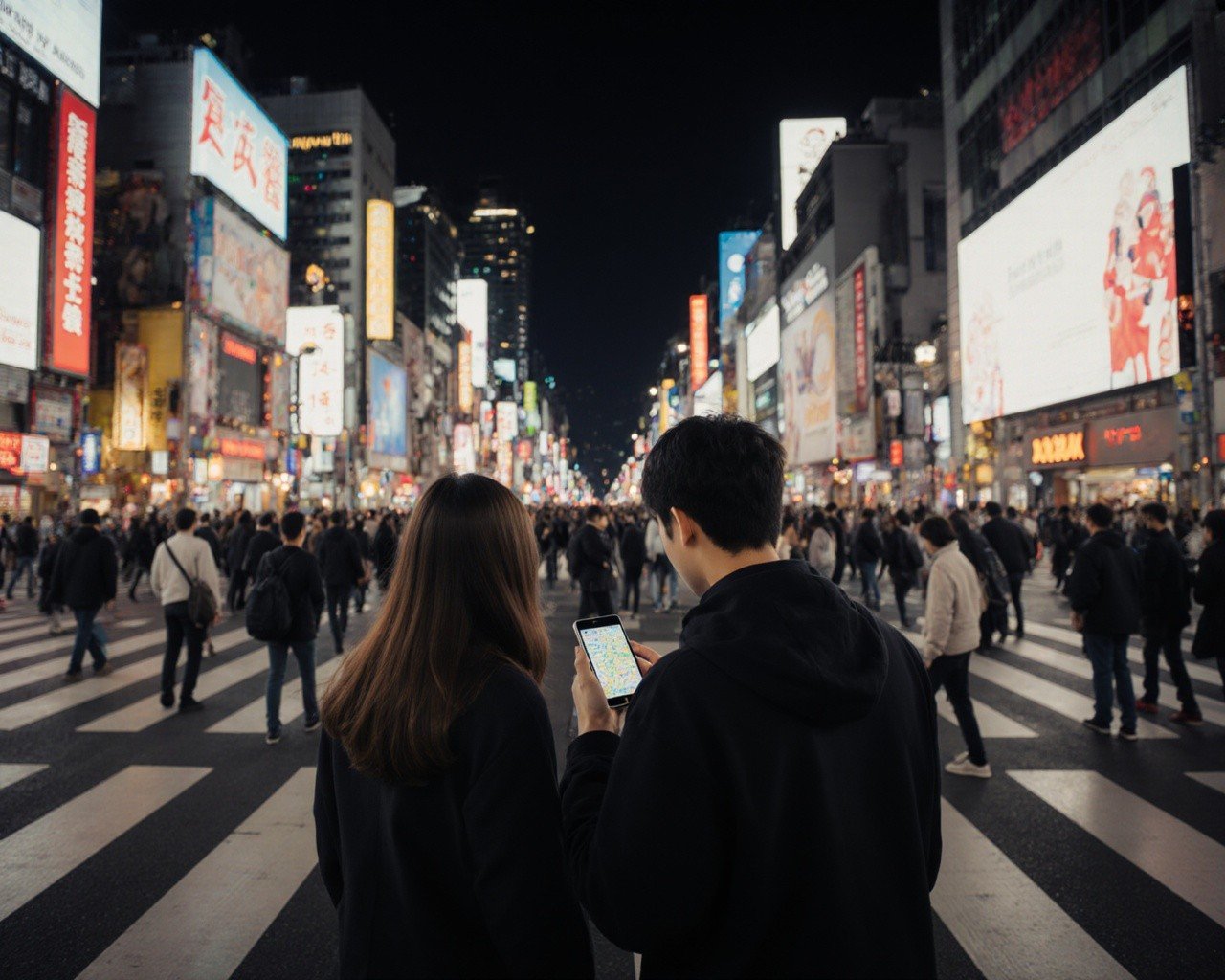 Tourist couple navigating with a phone at Shibuya Crossing Tokyo at night with neon lights and crowds