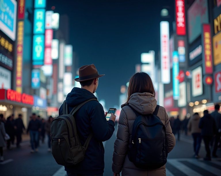 Tourist couple navigating with a phone at Shibuya Crossing Tokyo at night with neon lights and crowds