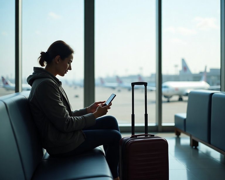 Traveller installing an eSIM on their phone at an airport departure lounge with planes visible through windows