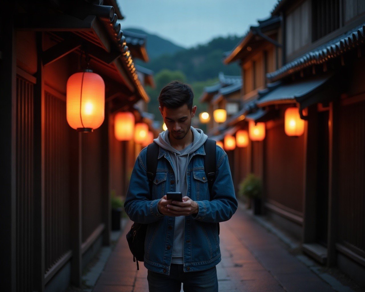 Traveller in a Kyoto alley at dusk holding a phone with a frustrated expression, lanterns glowing