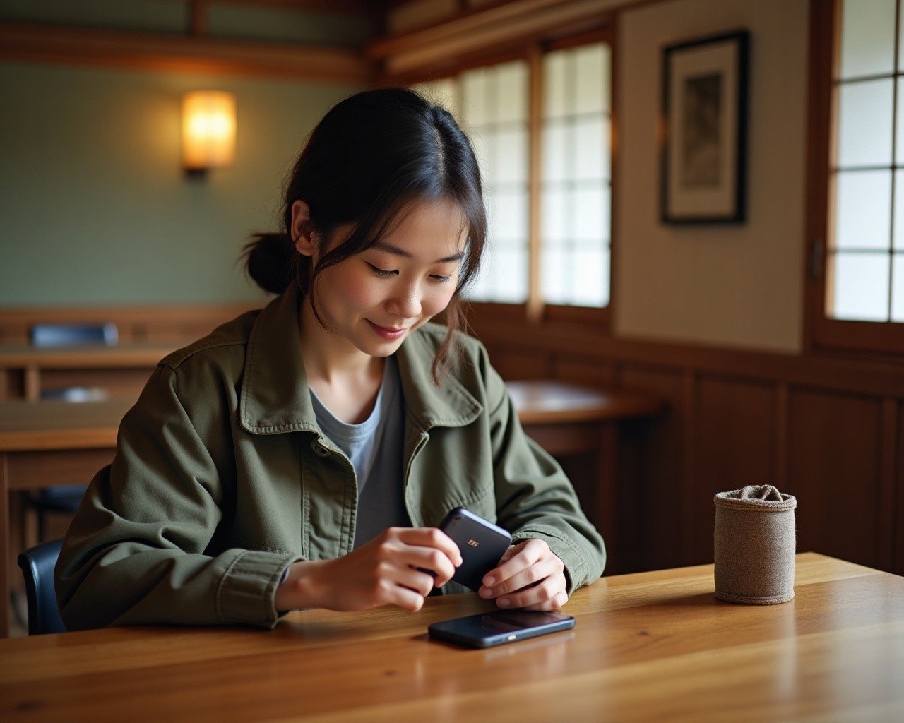 Traveller comparing a pocket WiFi device and smartphone on a wooden table inside a traditional Kyoto tea house