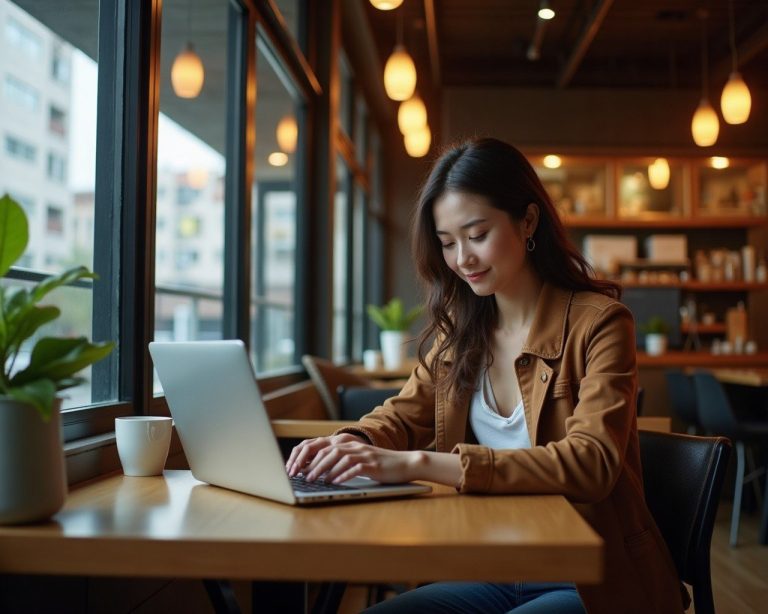Digital nomad working on a laptop in a modern Tokyo cafe with coffee and smartphone on the table
