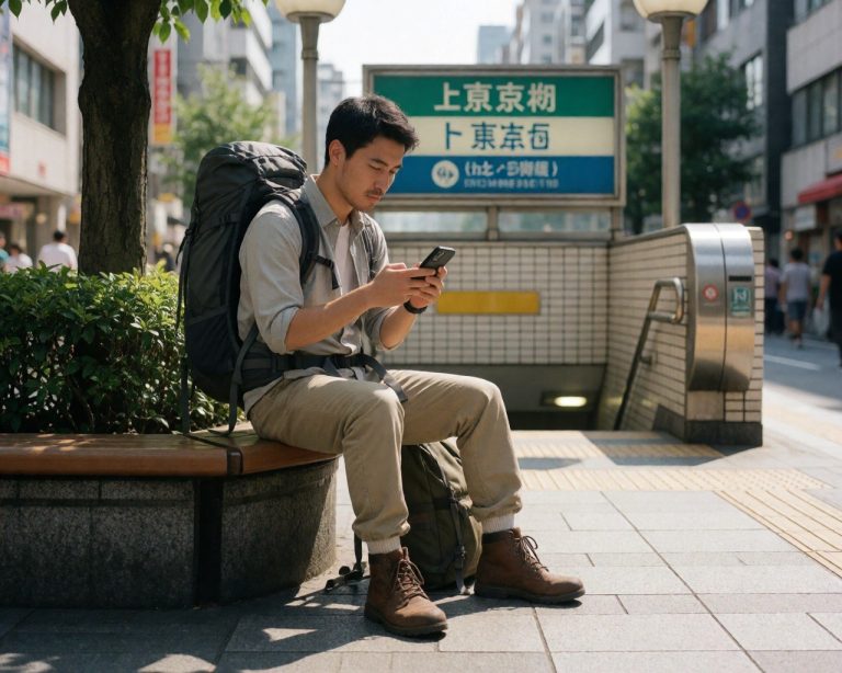 Backpacker sitting near a Tokyo subway entrance using a smartphone for travel navigation