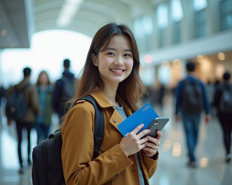Traveller at Narita Airport comparing a physical SIM card package and a smartphone with eSIM setup screen