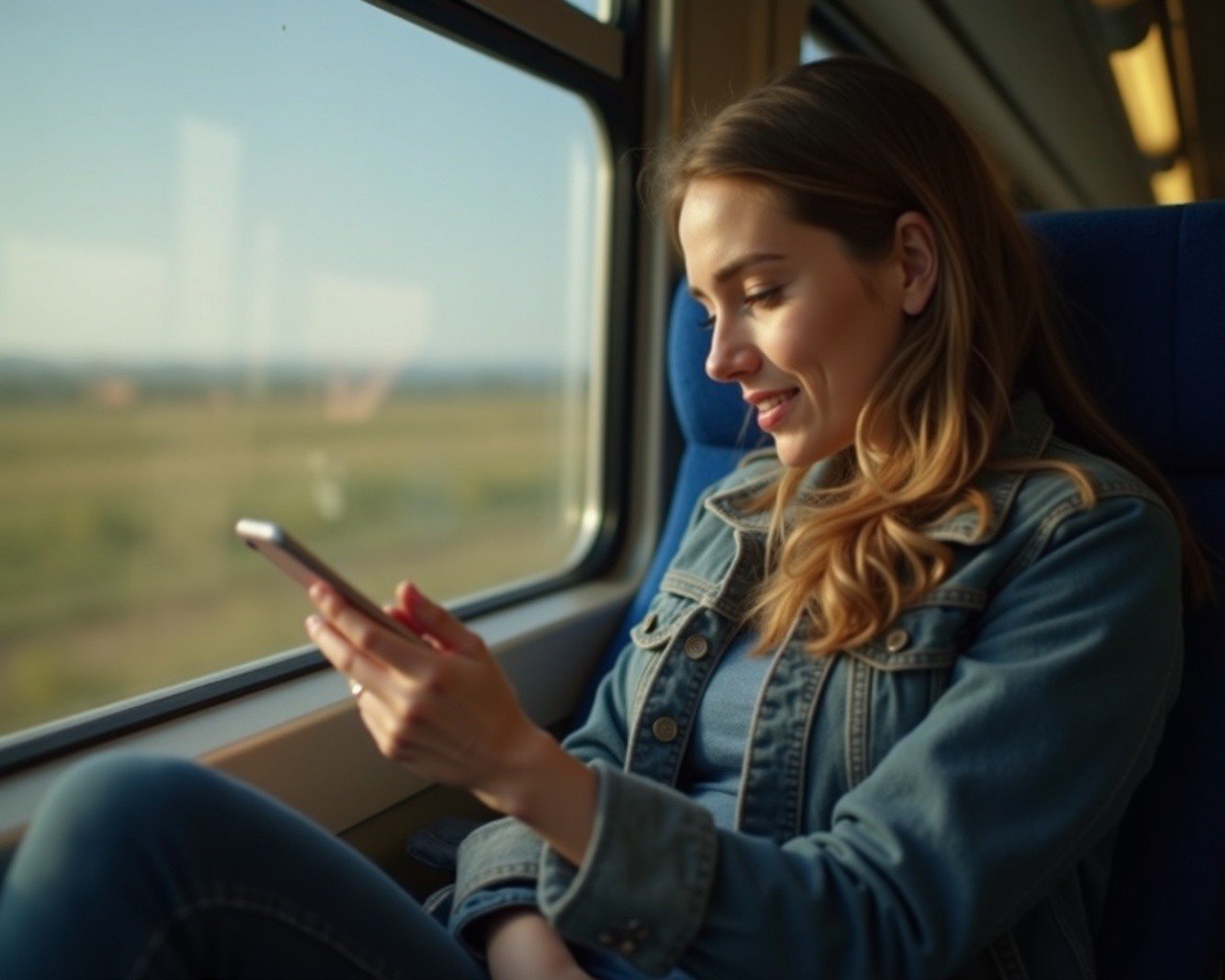 lady looking at her phone next to the window on a long distance train